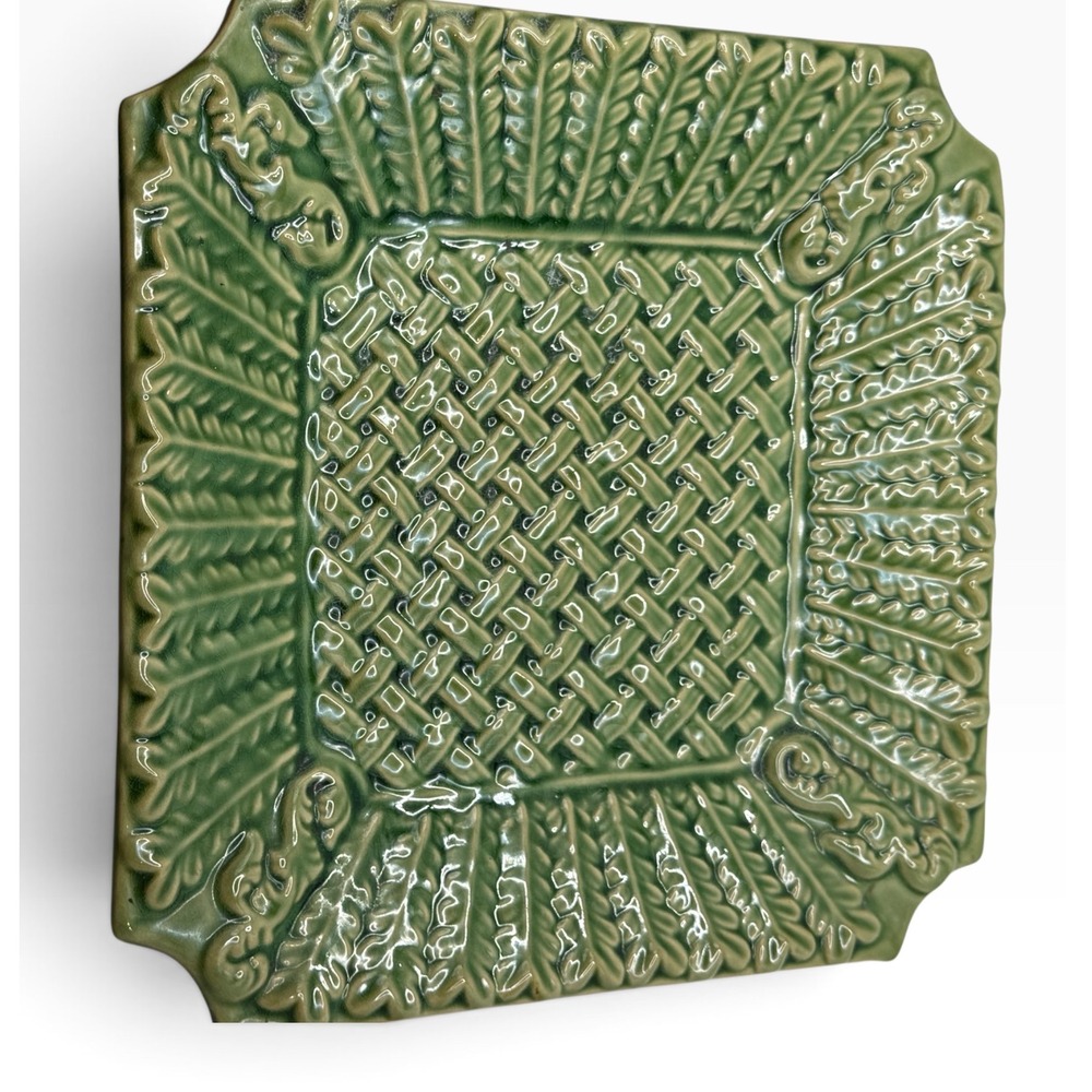 Green Ceramic Basket Weave Fern Leaf Square Decorative Plate 12.5in
